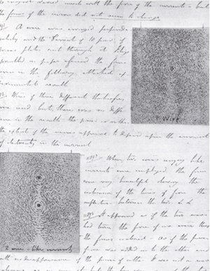 From Faraday's notebooks.The top figure is his sketch of iron filings' self-arrangement in the vicinity of a wire carrying a current...the black dot in the center indicating that the wire is perpendicular to the paper.