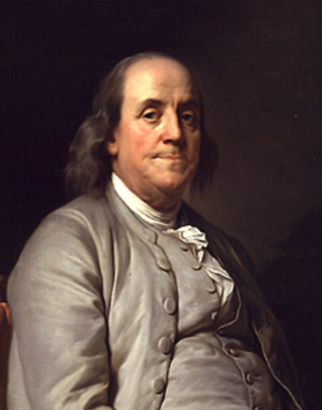 Benjamin Franklin, 1785 at 79 years old (portrait by Joseph-Siffred Duplessis in the National Portrait Gallery in Washington, D.C.)