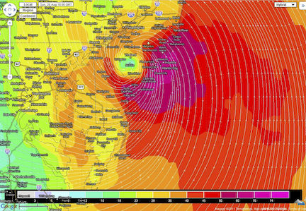 A Euro model forecast of wind speeds on the Jersey Shore during the height of 2011 Hurricane Irene: www.wunderground.com/wundermap
