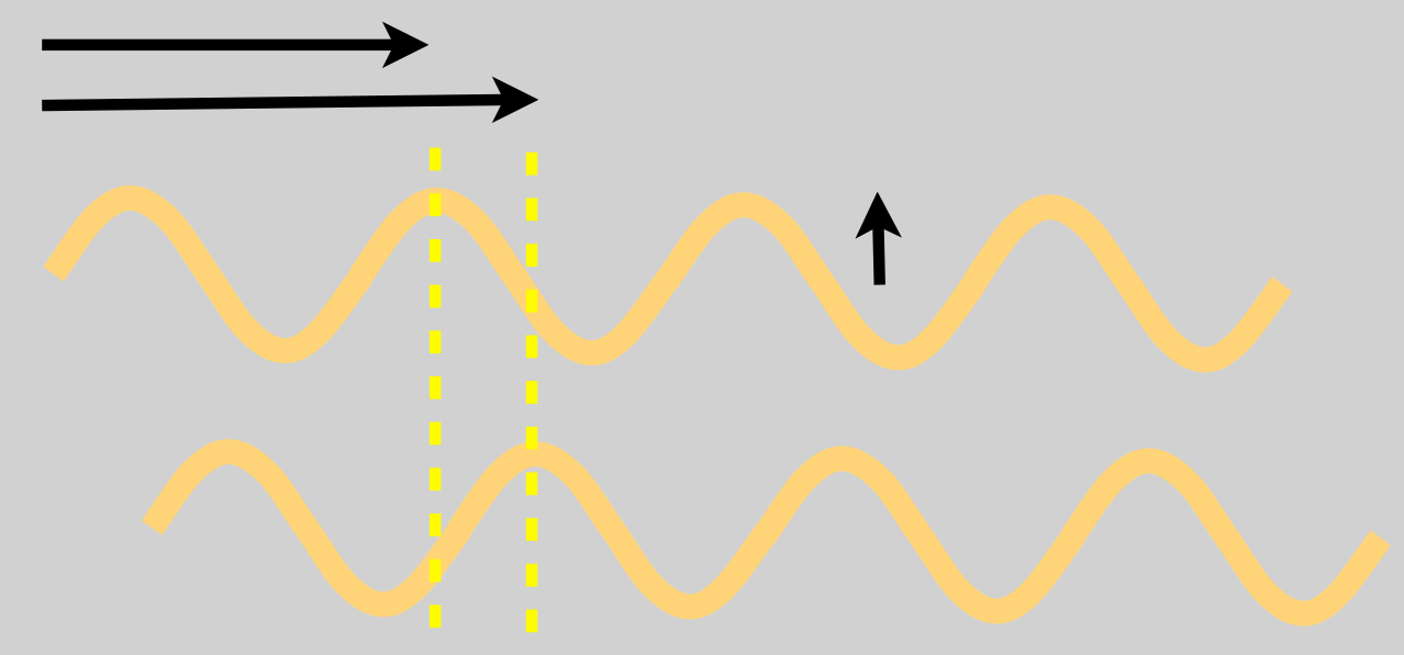 This is an example of a transverse wave where the disturbance is up and down but the propagation of the wave is along the length perpendicular to the disturbance, hence "transverse." Notice that each peak (and valley...and every point in between) has moved to the right between the top and bottom snapshots of the wave.