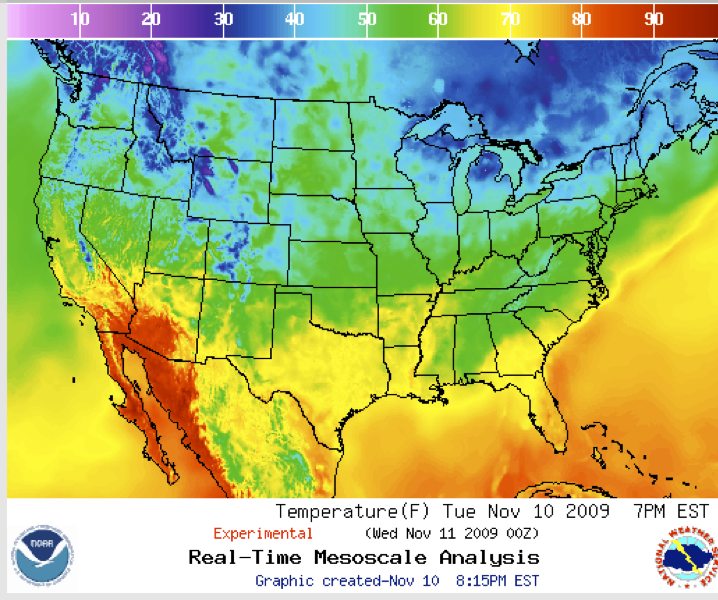 A weather map from the National Oceanic and Atmospheric Administration (NOAA) which is colorized to show the regions of common temperature values.