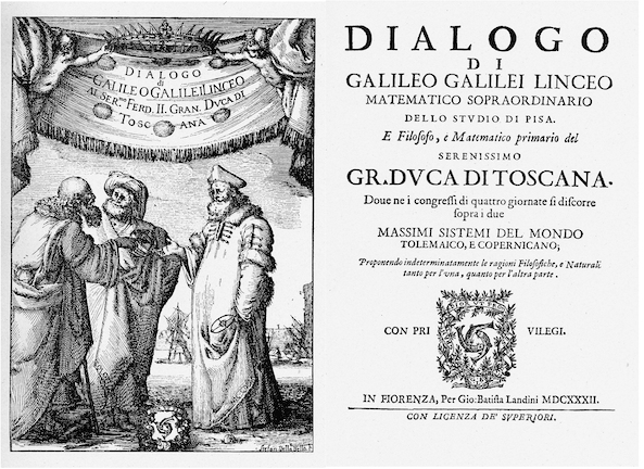 The cover shows from the right, Salviati (actually, Copernicus - notice the model he's holding), who looks more like Galileo (in the next editions a more Copernicus-looking young person is depicted), Sagredo (actually, Ptolemy, hence the turban), and Simplicio (actually, Aristotle).