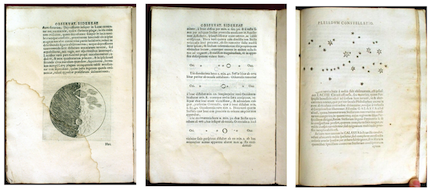 Three of the many sketches in Sidereus Nuncius. The Moon picture is famous and meticulous. The middle drawing is one of many documenting the motion of Jupiter’s four moons orbiting the planet. The right figure is his sketch of the Pleiades constellation with its seven ('seven sisters') stars and then all of the new ones visible through his telescope.