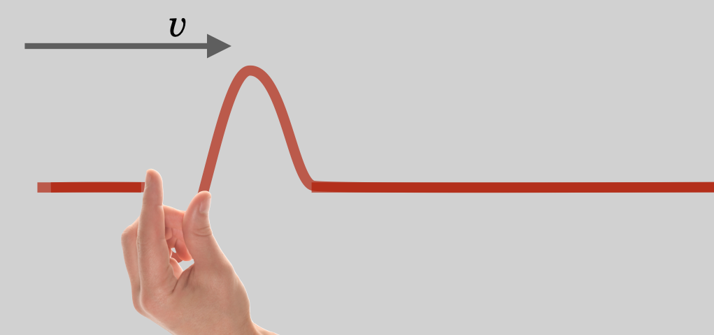 A "pluck" of a string transmits the potential energy of the displacement of the particles in the string through the tension and relaxation of the string. The disturbance moves away, while the bits of string stay put.