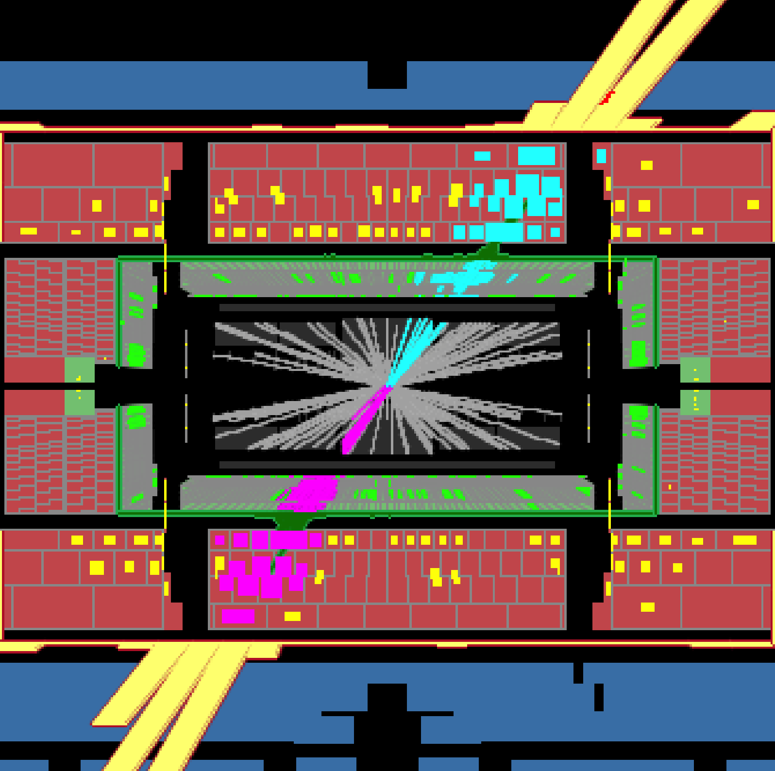 This is a computer reconstruction of the collision of two protons at the Large Hadron Collider. The ATLAS experiment is one of two gargantian 'detectors' that catches the debris from these energetic collisions. The figure shows how two quarks in each of the colliding protons bounce off from one another and emerge in two collimated 'jets' of debris as they rip through the detector. The view is from the side and the lengths of these jets is each about 30 feet long. The length that the colliding quarks probed is about 0.000000000000000018 meters. This is today's answer to the 'how small' question.