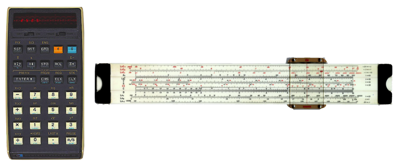 Left: the venerable HP-25 programable (!) scientific calculator. Right: a slide rule used for all calculations until the early 1970’s. It was not programmable (although it was wireless)