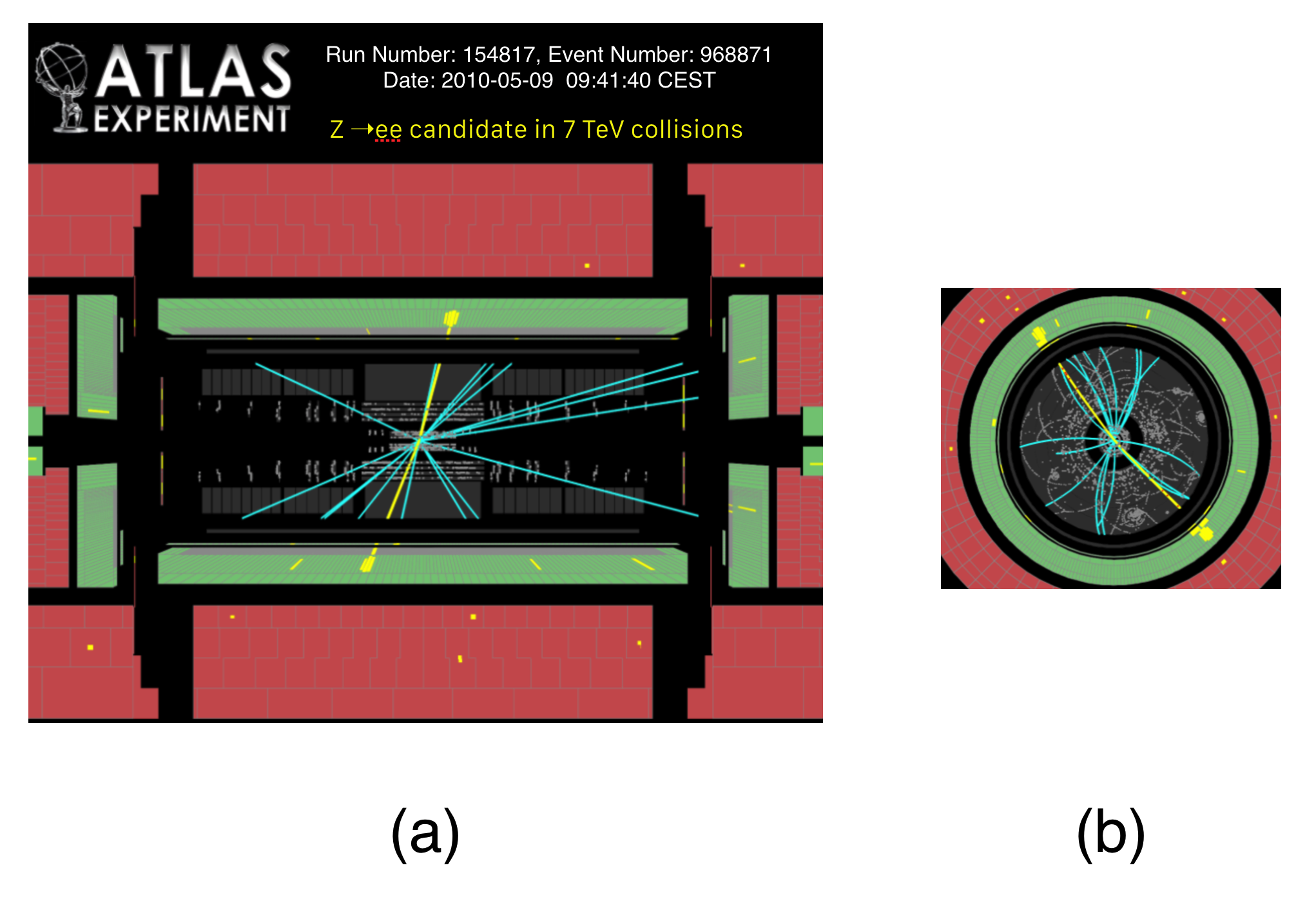 This is a computer reconstruction of the consequences of colliding two protons with one another in the ATLAS detector at the Large Hadron Collider at CERN. The (a) is a vertical slice through the detector with up being toward the surface. The two beams of (identical) protons enter from the left and the right and collide in the center. (b) is the end view of that same event.