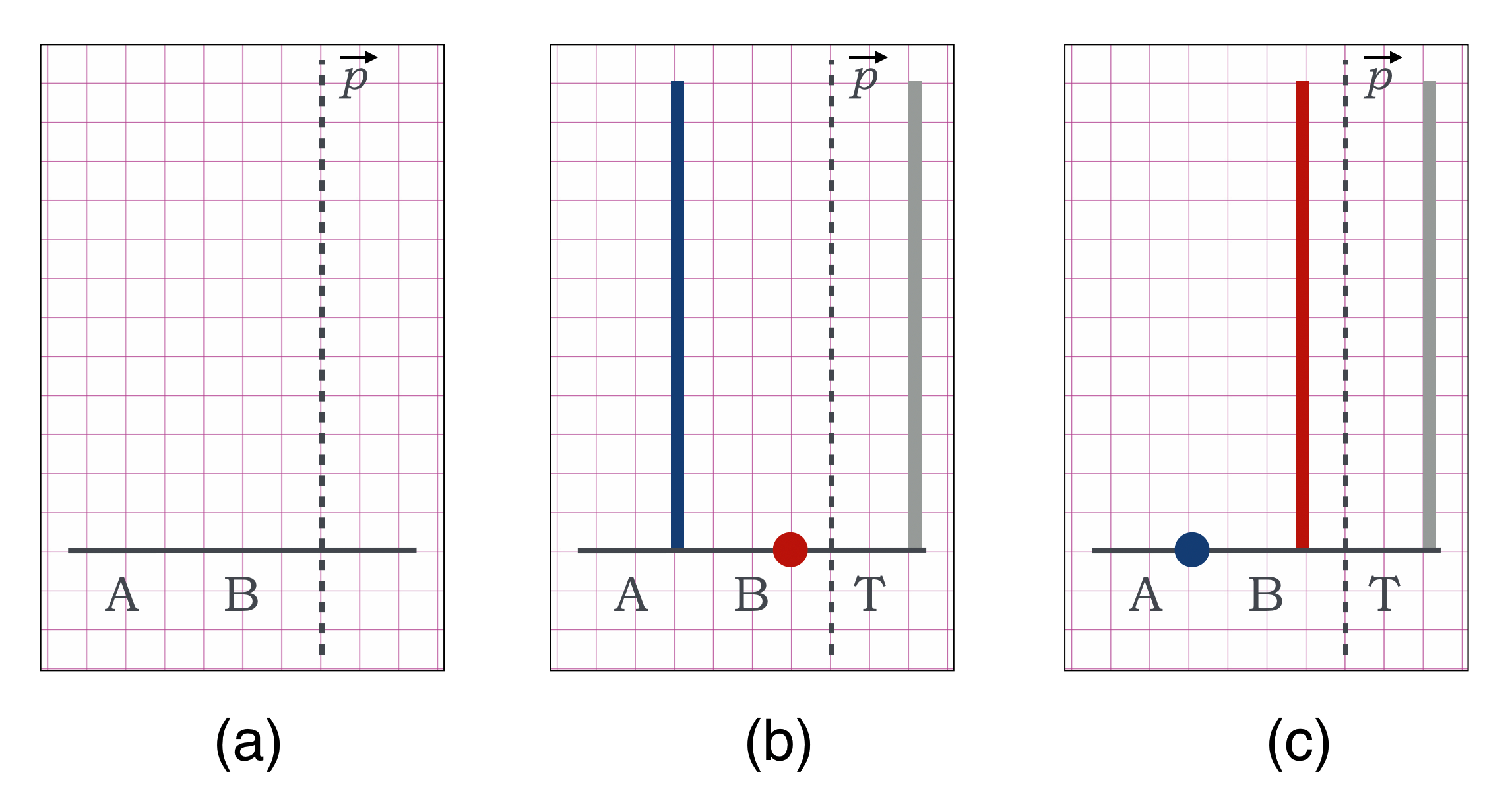 (a) shows the momentum-thermometer axes. Here $T$ means the total momentum and $A$ and $B$ are placeholders where lines will be drawn to represent the momentum values. The $\vec{p}$ axis can be positive and negative depending on the kind of collision. (b) shows the momenta added for the initial situation and (c) for the final situation.