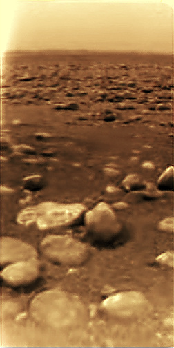 The surface of Saturn's moon, Titan as captured by the ESA space probe, Huygens.