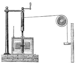 He once made a thermometer so precise that he could measure the temperature of moon-light. That is the temperature rise in air lit only by the moon. Here is the device he used to demonstrate that stirring water would heat water. You see the weight on the right and a cross-section of the beaker with water, paddles, and his thermometer.