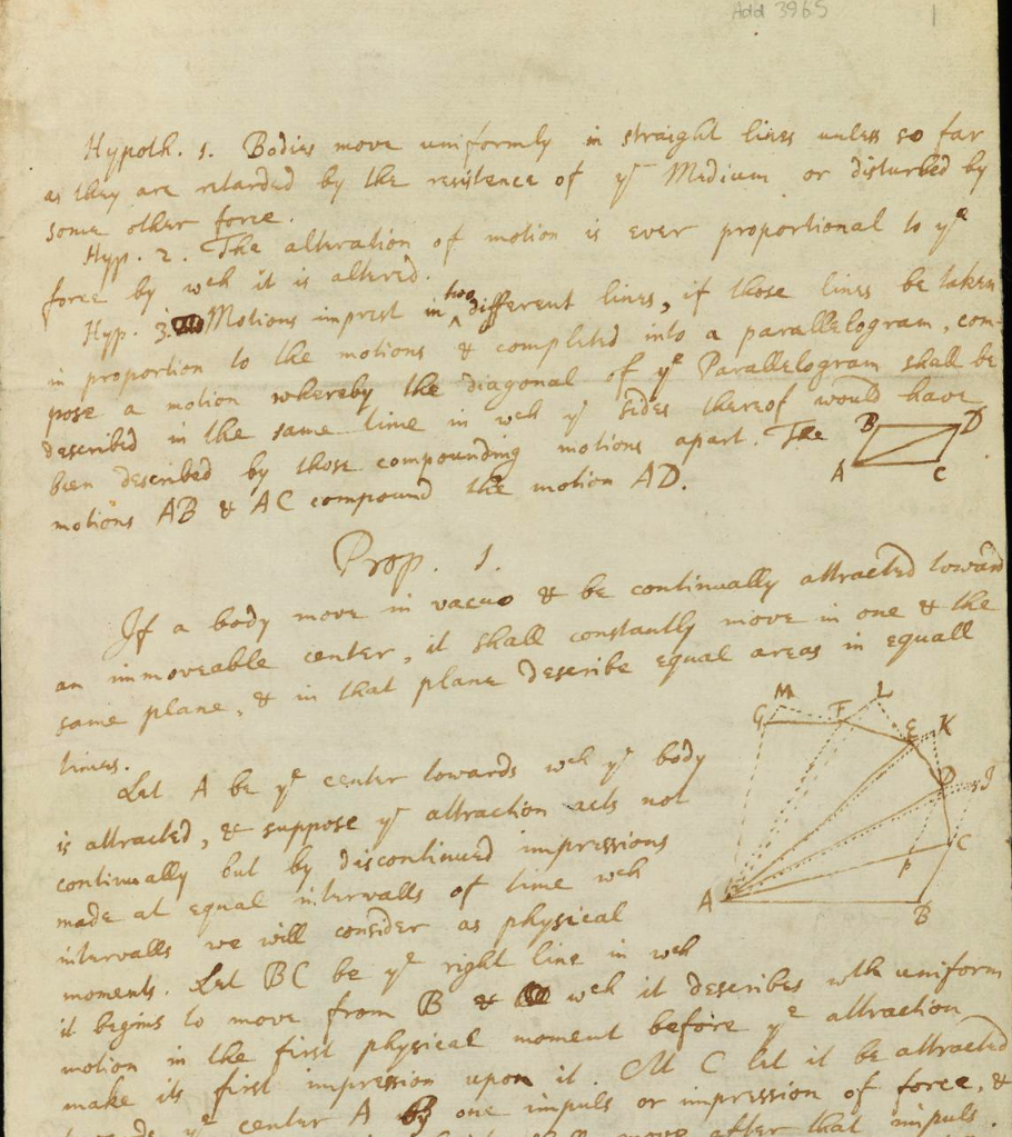 A portion of *De Motu* in Newton's hand in 1684, written for John Locke who was an early reader of Principia.